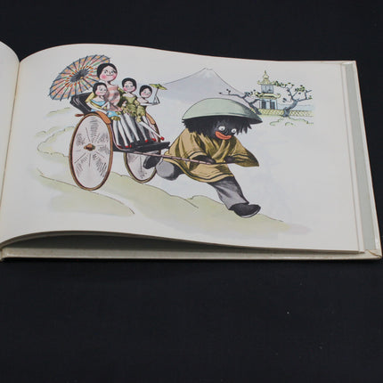 Illustration of a Golly with a blackface character pulling a rickshaw with people on a page from a book.