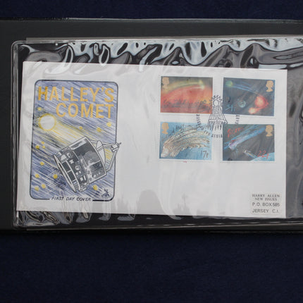 A collectible first-day cover envelope for Halley's Comet, sealed in a clear protective plastic sleeve. The white envelope features a large blue and yellow space illustration on the left and four postage stamps on the right, with sender details printed in the bottom right corner.