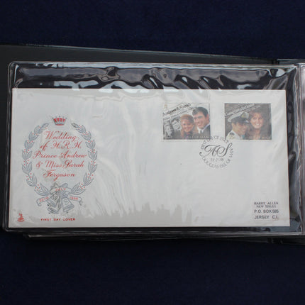 A vintage US Postal Service wedding commemorative envelope from 1992, featuring a portrait of Prince William and Princess Charlotte, displayed inside a clear protective plastic sleeve on a dark navy background.