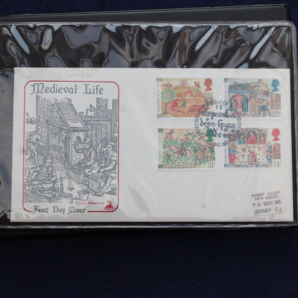 A collectible first-day cover envelope containing four vintage postage stamps from Jersey, dated 1983. The cover features a black and white wood engraving titled 'Medieval Life' on the left and the four colorful stamps on the right.