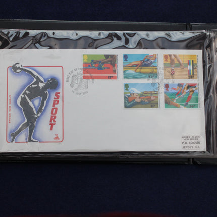 A collectible first-day postage envelope from the United States Postal Service (USPS) dated July 17, 1976, featuring sports-themed stamps and a large 'SPORT' graphic on a white background, sealed in a protective plastic sleeve.