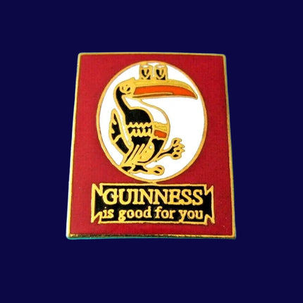 Guinness logo on a red background with 'Guinness is good for you' text on a blue background