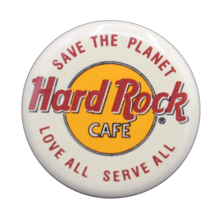 Hard Rock Cafe button with 'Save the Planet, Love All, Serve All' text on a blue background