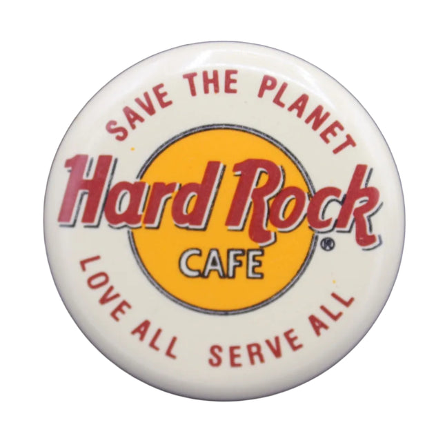 Hard Rock Cafe button with 'Save the Planet, Love All, Serve All' text on a blue background
