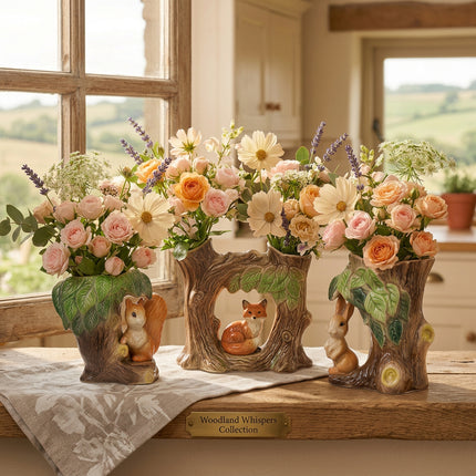 A ceramic woodland animal centerpiece featuring a tree trunk base with three tree-stump holders, green leafy sides, and small painted squirrel and deer figurines in the center on a rustic table.