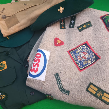Vintage 1970's Cub Scout Boy Scout Shirt, Cap, Beret and Blanket with Badges