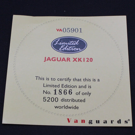 Jaguar XK120 limited edition certificate on a dark background