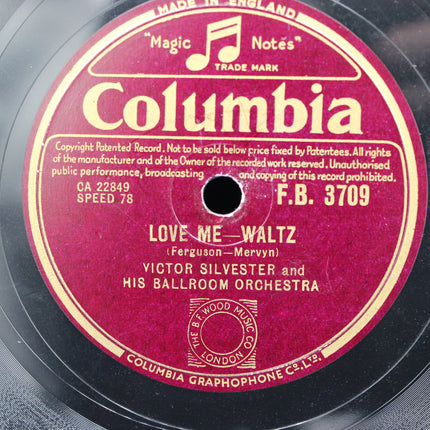 Columbia record label with Love Me Waltz text and music notes on a purple background