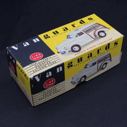 Vanguard model car box with vintage Morris Cream car illustration on a dark background