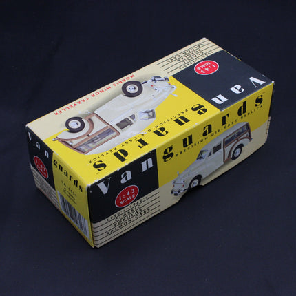 Vintage Morris model car box with 'Vanguards' branding on a dark background