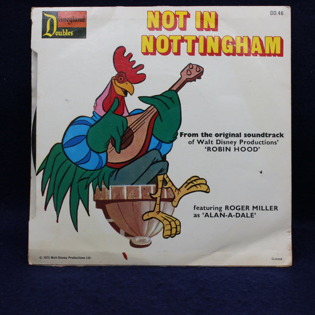 Disneyland Record cover with cartoon rooster and text 'Not in Nottingham' on a dark background