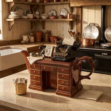 A decorative ceramic Paul Cardew Teapot with an antique typewriter, books, and a small basket in a rustic kitchen setting.