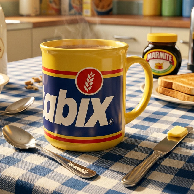 A yellow ceramic coffee mug featuring the 'Weetabix' logo with a blue, red, and white label design, set against a dark blue textured background.