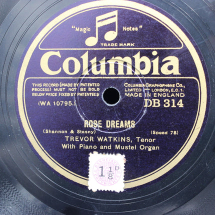 Columbia record label with 'Rose Dreams' by Trevor Watkins on a blue background