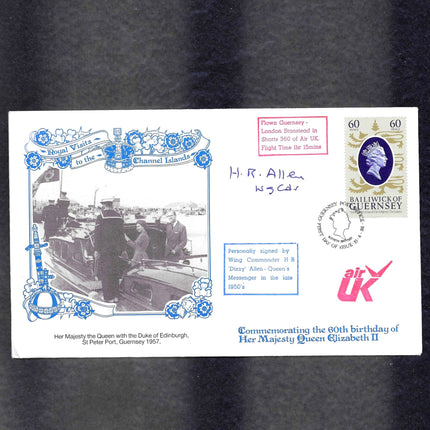 A commemorative British Airways envelope celebrating Queen Elizabeth II's 90th birthday, featuring a blue and white border, a black-and-white photo of a Channel Islands ferry, a 60p stamp, and handwritten postmark details on a dark textured background.