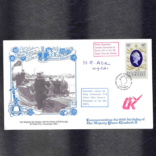 A commemorative British Airways envelope celebrating Queen Elizabeth II's 90th birthday, featuring a blue and white border, a black-and-white photo of a Channel Islands ferry, a 60p stamp, and handwritten postmark details on a dark textured background.