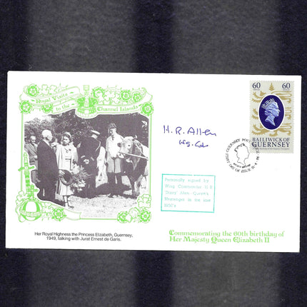 A commemorative souvenir envelope or postcard from Bailwickick of Guernsey, dated 1969, celebrating Queen Elizabeth II's 60th birthday. The white card features a green decorative border, a black-and-white historical photograph of Princess Elizabeth and others, a Queen Elizabeth II stamp, and handwritten blue ink signatures.