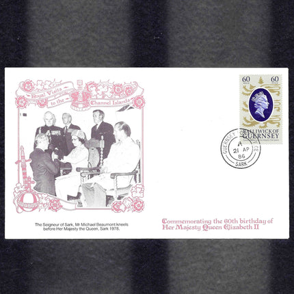 A commemorative souvenir envelope from the Channel Islands, dated 21st April 1978, celebrating the 60th birthday of Her Majesty Queen Elizabeth II. The white envelope features a pink and gold border illustration depicting Sir Michael Beaumont kneeling before Queen Elizabeth II in Sark, with a 60p stamp and postmark in the top right corner.