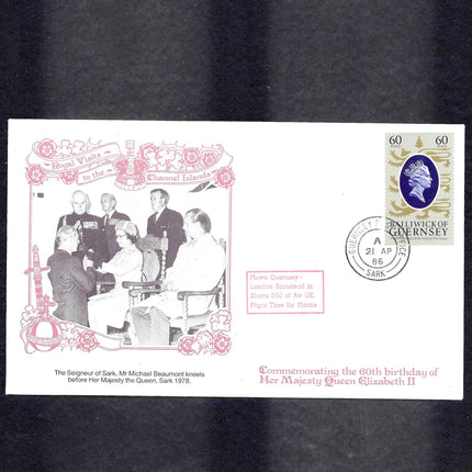 A commemorative first-day envelope from the UK commemorating Queen Elizabeth II's 60th birthday, featuring a black-and-white historical photograph, a pink decorative border, a green and blue stamp, and a postmark from Gainsford.