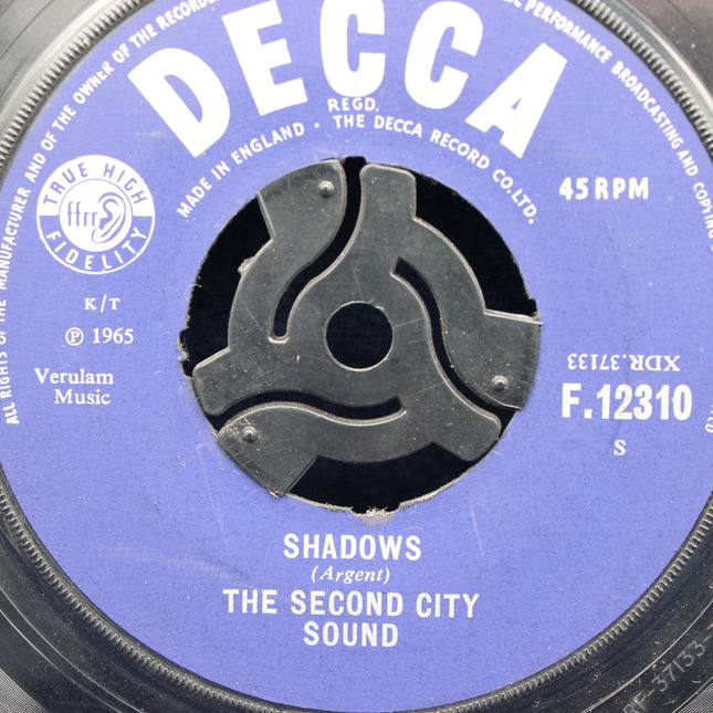 Decca record label with 'Shadows' by The Second City Sound on a blue background
