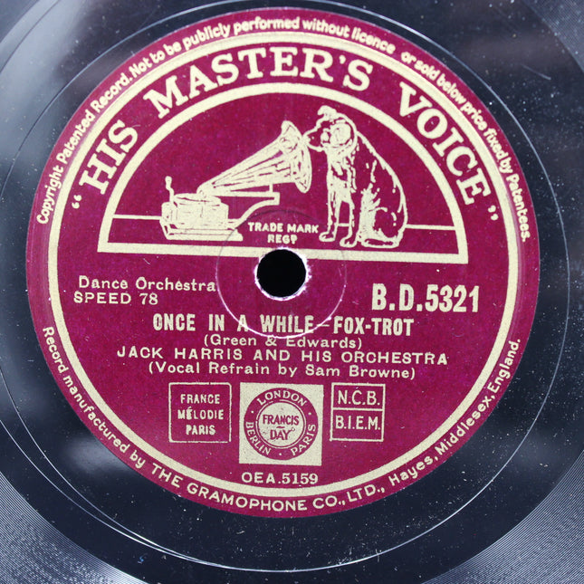 His Master's Voice record label with text Once in a while fox trot and graphics on a blue background