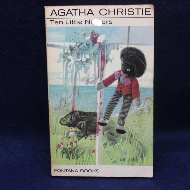 Book cover of 'Ten Little Niggers' by Agatha Christie with a illustration of a child and dog on a blue background