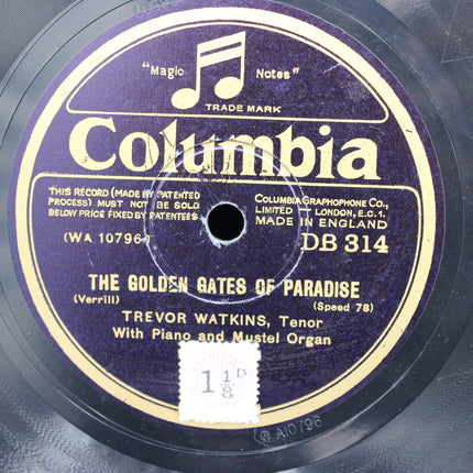 Columbia record label with Trevor Watkins text and music notes on a purple background