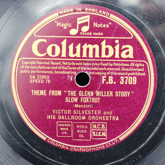 Columbia record label with text and music notes on a purple background