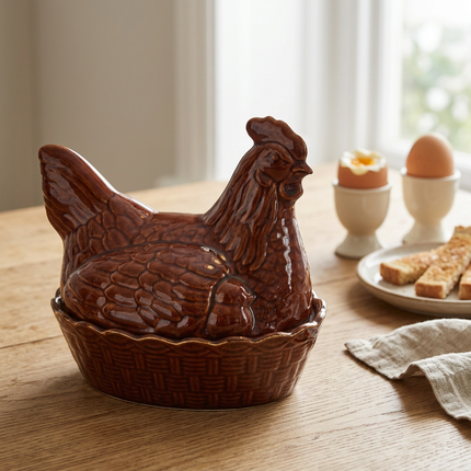 A brown ceramic rooster-shaped egg timer sits on a wooden table in a kitchen setting, with egg cups, eggs, and toast blurred in the background.