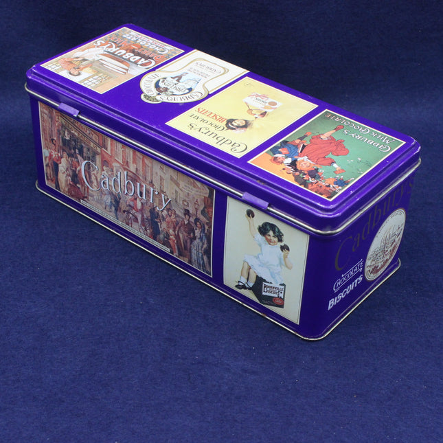 Cadbury chocolate tin with vintage-style packaging on a blue background