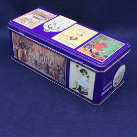 Cadbury chocolate tin with vintage-style packaging on a blue background