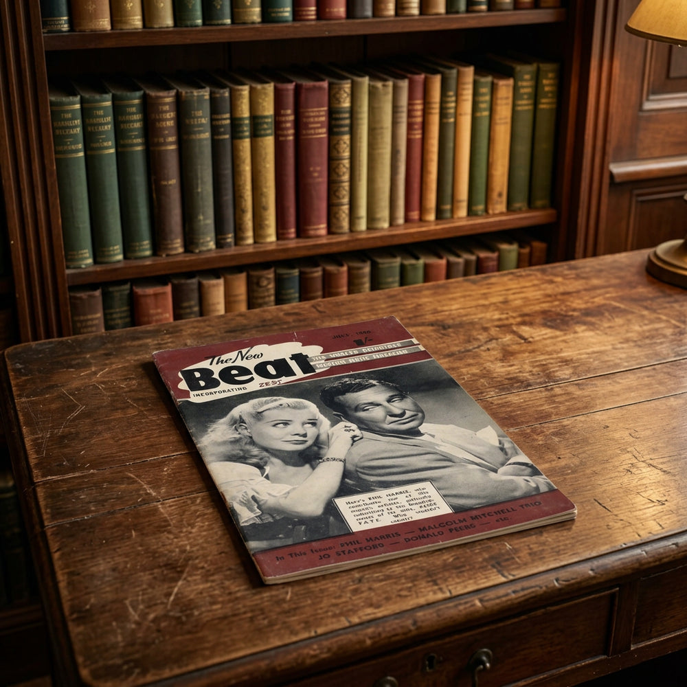 A vintage magazine titled "The New Beat" from July 1950, featuring a black-and-white cover photo of a couple, photographed on a dark blue textured surface.